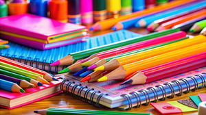 Materiale scolastico colorato su sfondo moderno e vivace